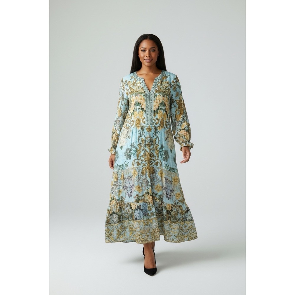 Soft Surroundings Plus Size 1X Light Blue Floral Beaded Tiered Formal Maxi Dress